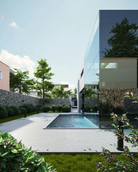 an empty pool surrounded by plants near a house