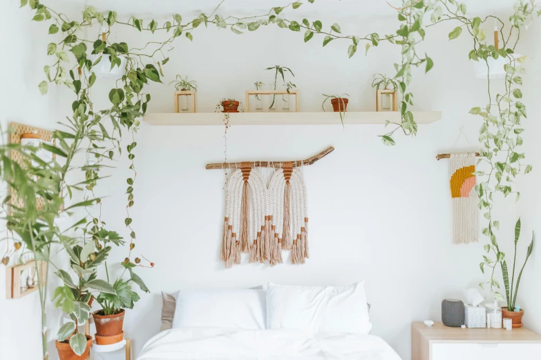 bedroom with greenery and plants hanging on the wall