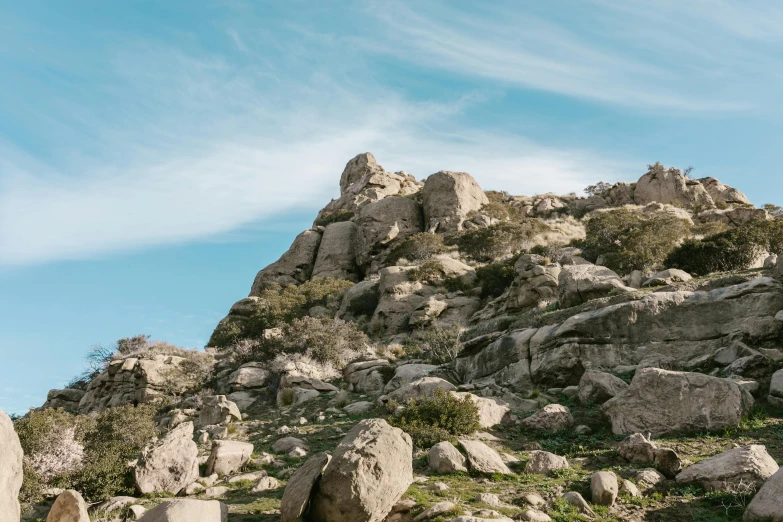 a hill with large rocks and trees on it