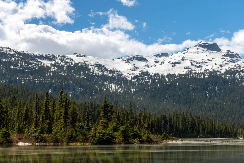 snowy mountains reflecting in the water of a mountain lake