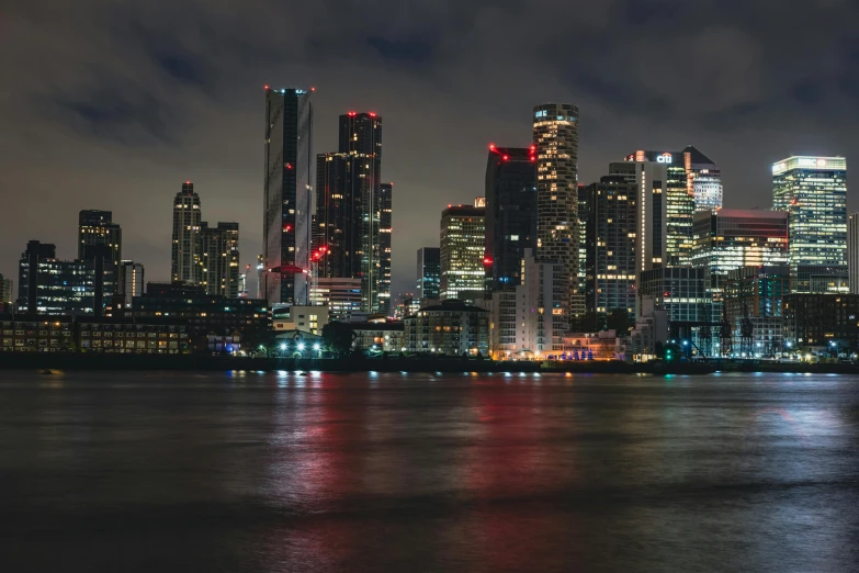 an aerial view of the city skyline at night