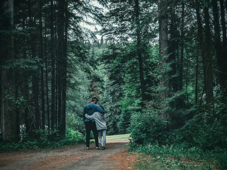 people walking away from the camera on a wooded path