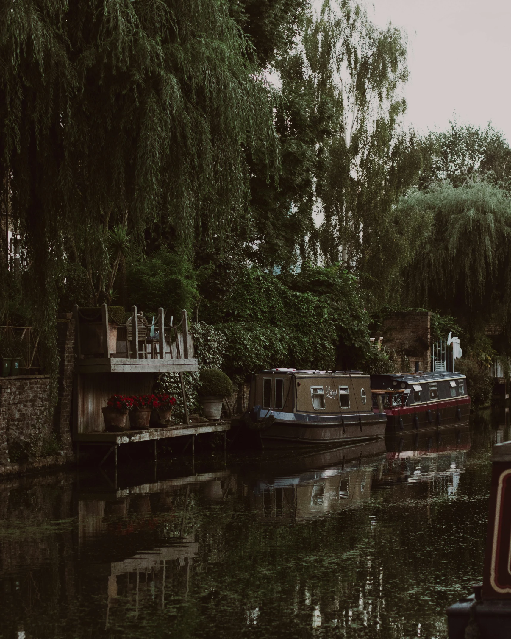 boats docked along the edge of a river