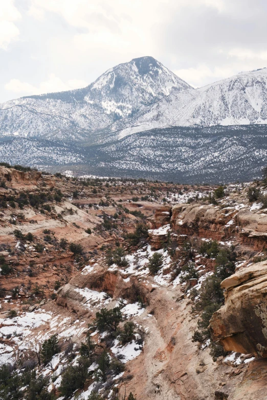 a dirt path leading to snow covered mountains