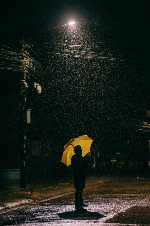 a person standing under an umbrella in the rain at night