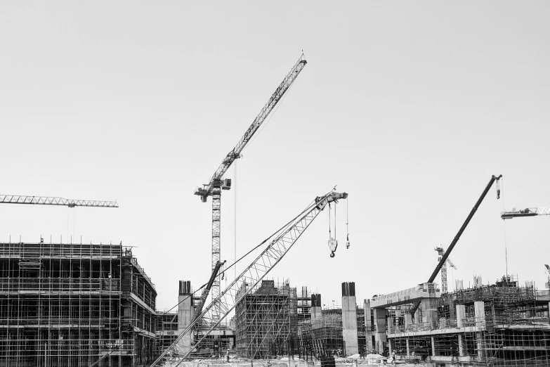 black and white po of construction site with cranes