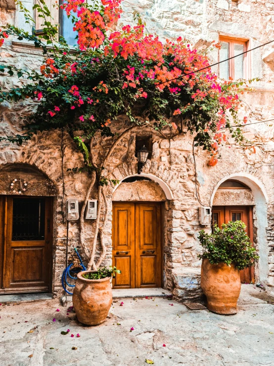 a cobble stone house with potted flowers and a bike parked outside it