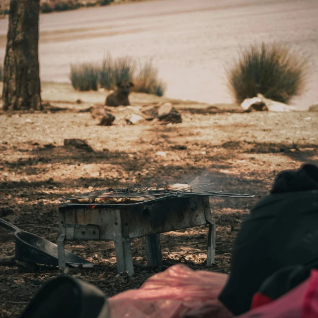 a campfire with a picnic table next to it, surrounded by barren ground