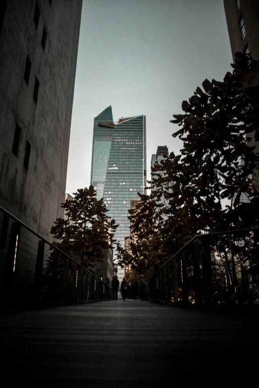 the walkway in front of an office building on a hazy day