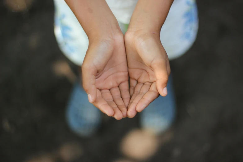 the hands of a woman reaching toward the ground