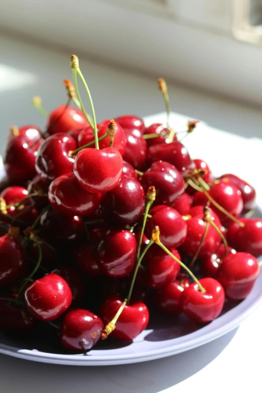 cherries in a bowl sitting on a table