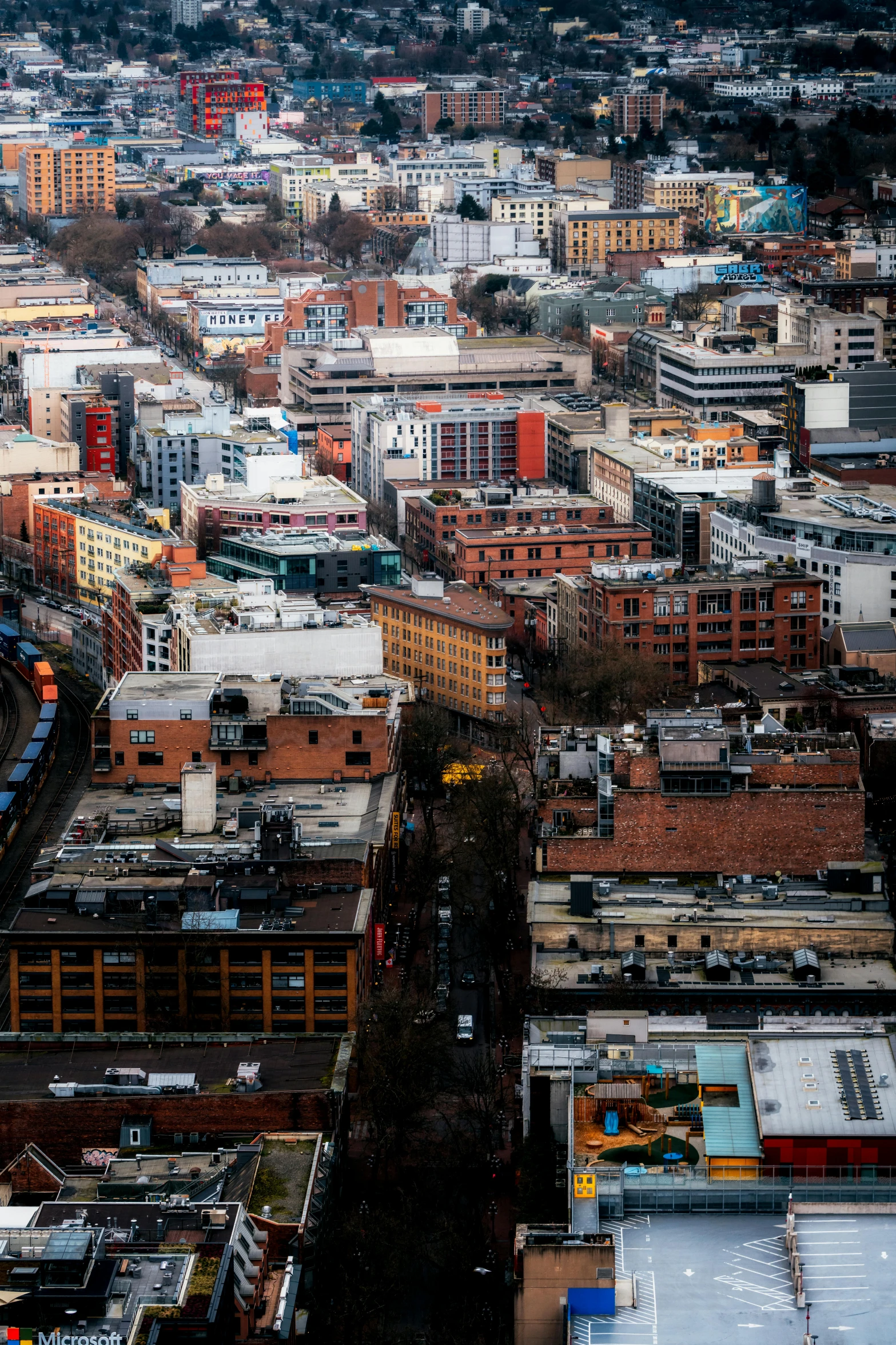 an overview of a city, with buildings around