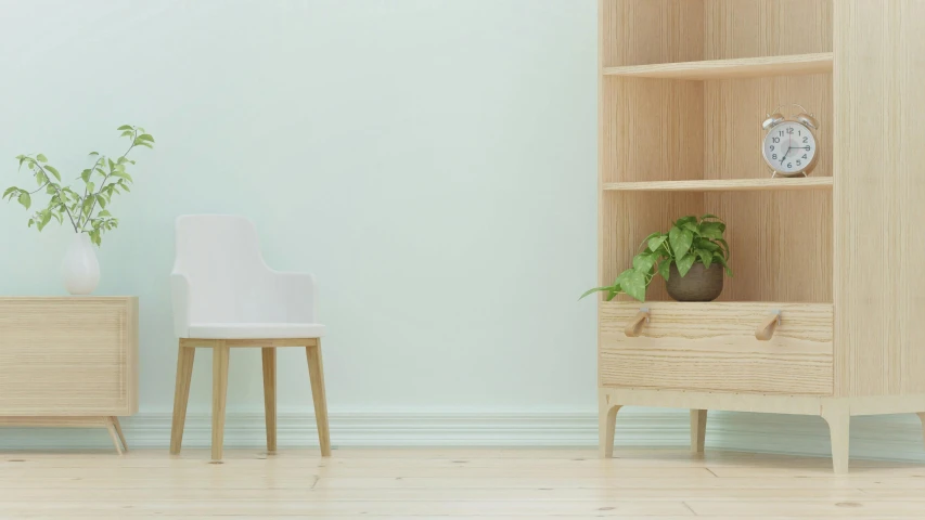 a chair and shelf are in the room with a clock on the wall