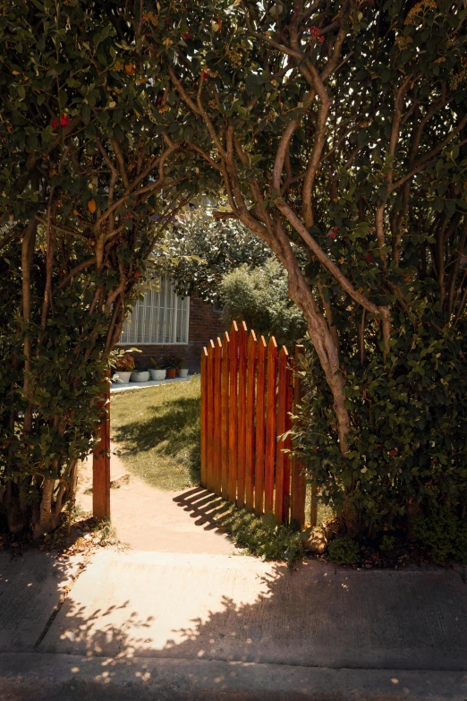 the red fence is surrounded by green trees