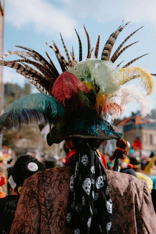 a person in a costume with feathers on their head