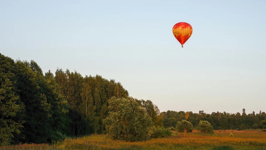 a balloon is flying over a wooded area