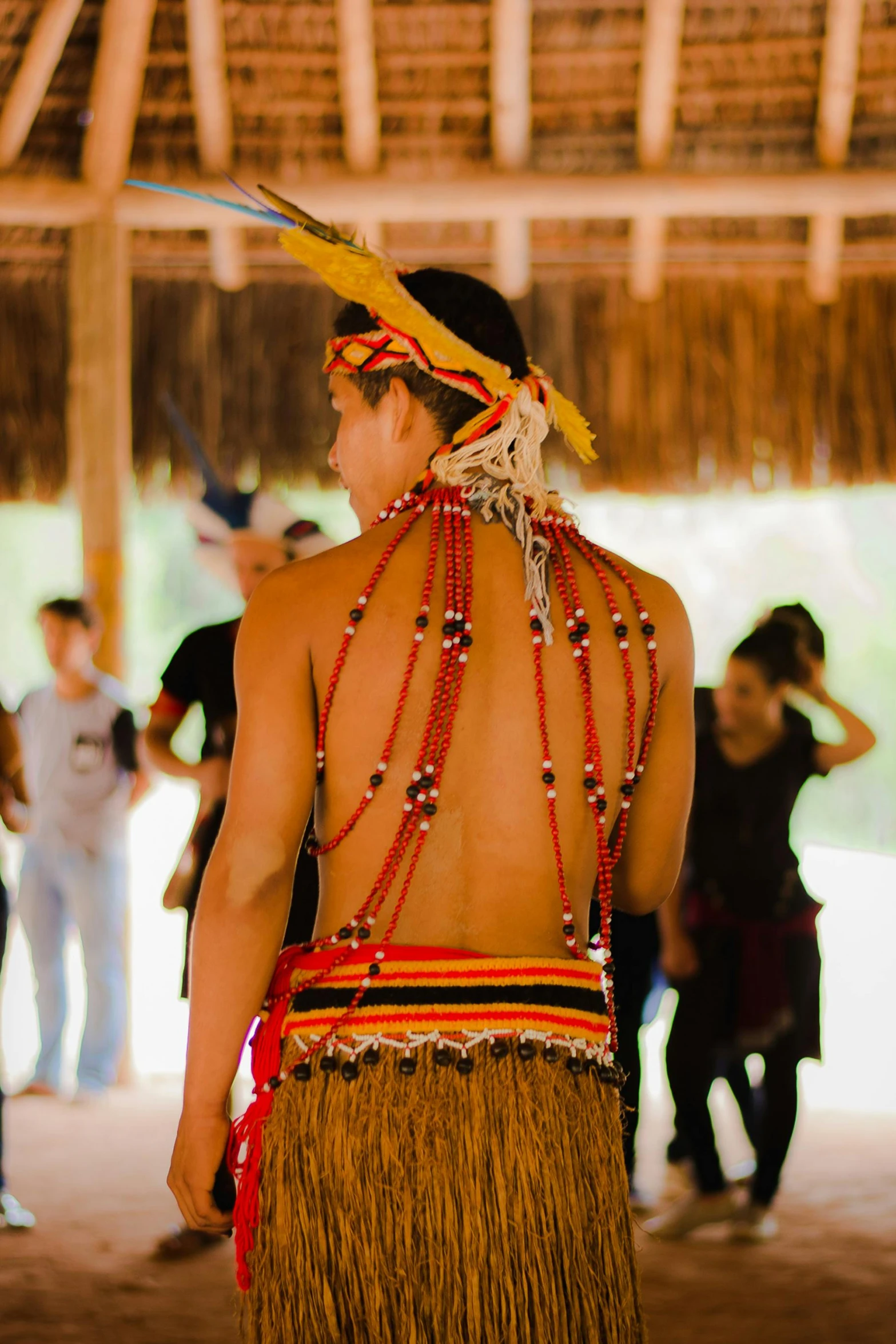 a native american man wearing beads and headdress