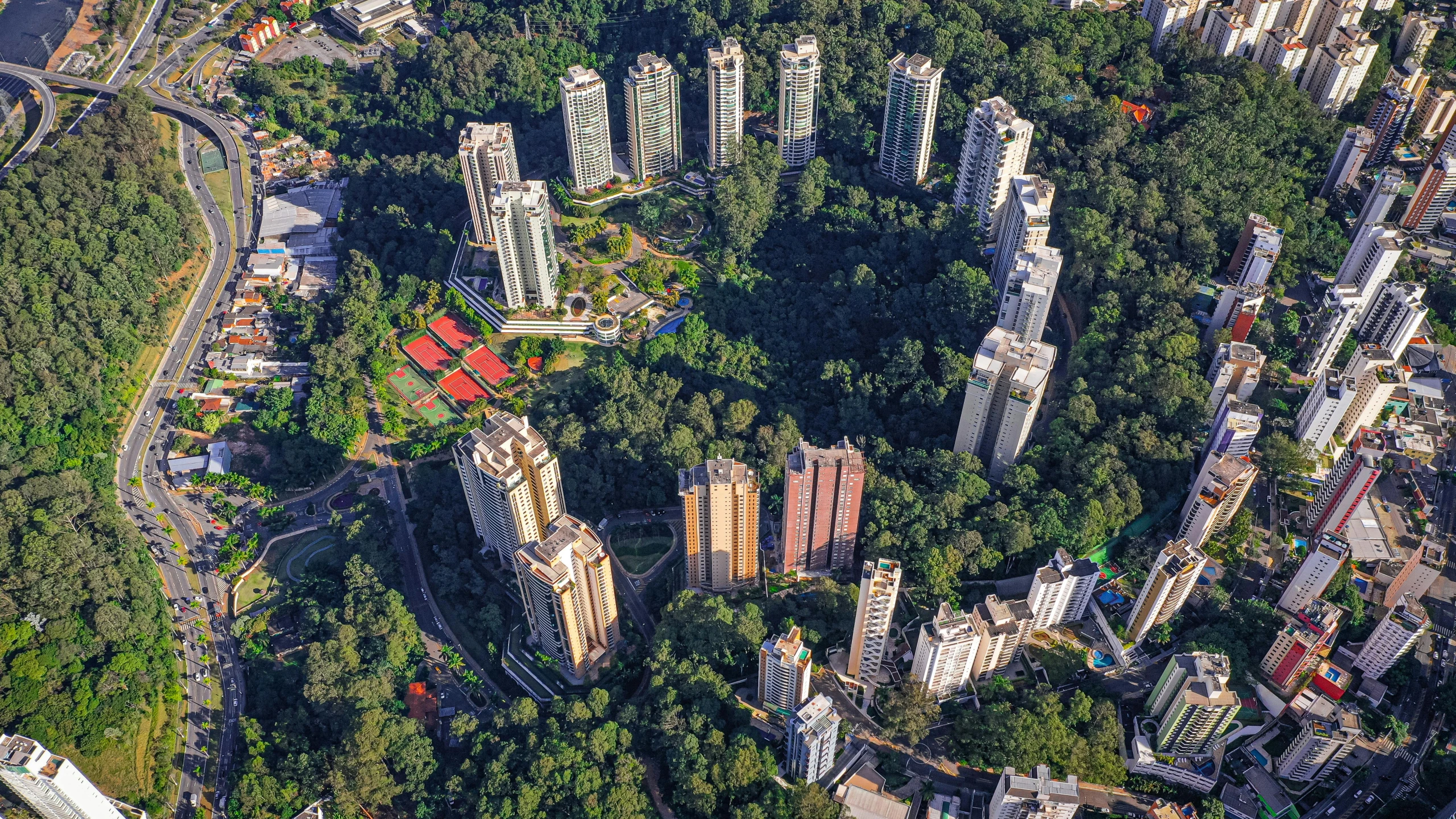 aerial view of city buildings in large open area