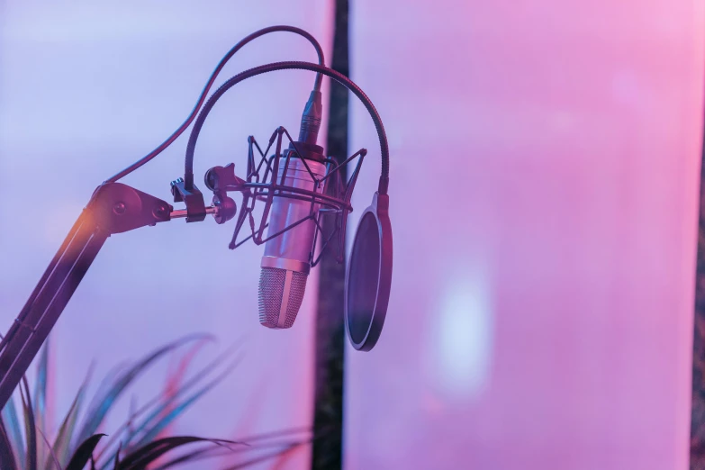 two microphones in front of an abstract purple background