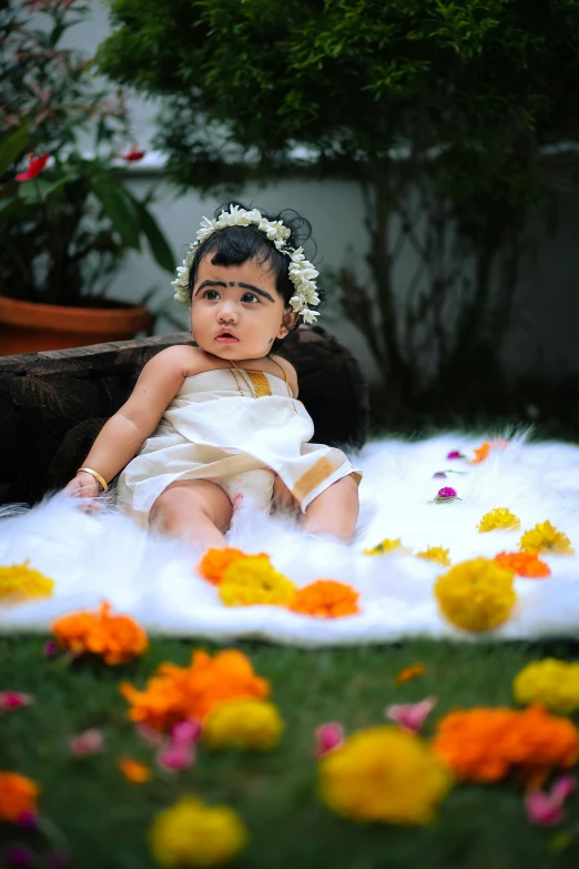 an adorable little girl sitting on a fur rug near flowers