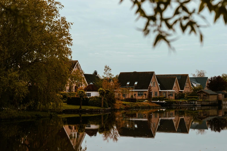 houses reflecting in a lake near some trees