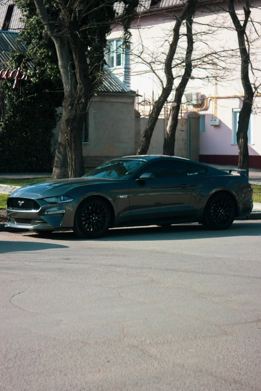 a mustang car parked by the curb of a residential street