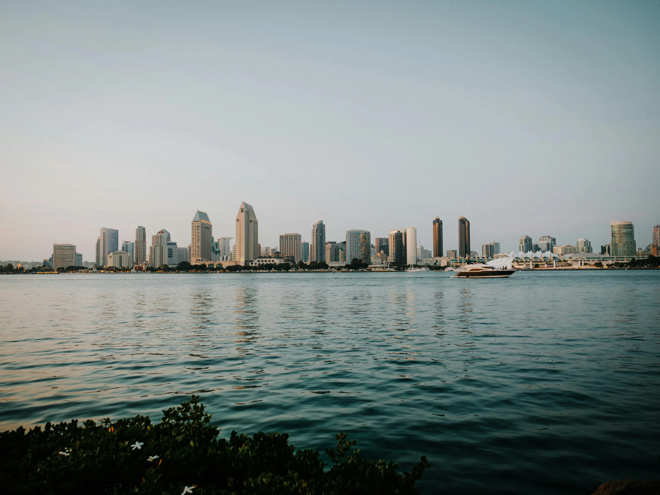 the skyline of a big city next to some very large water