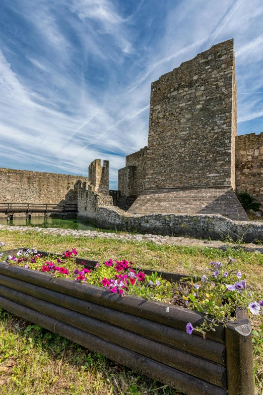 colorful flowers in a wooden planter by an old castle