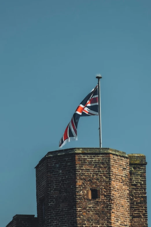 the flag is on top of the brick building