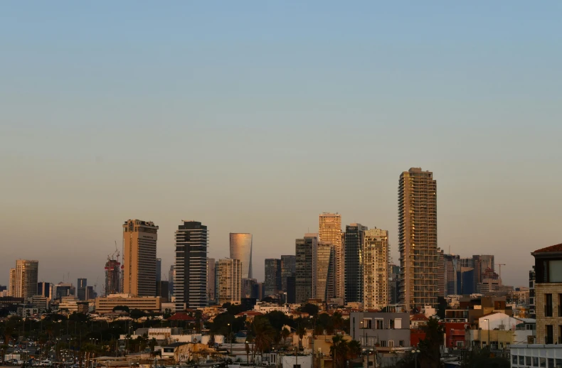 a group of skyscrs rise in the background behind the buildings