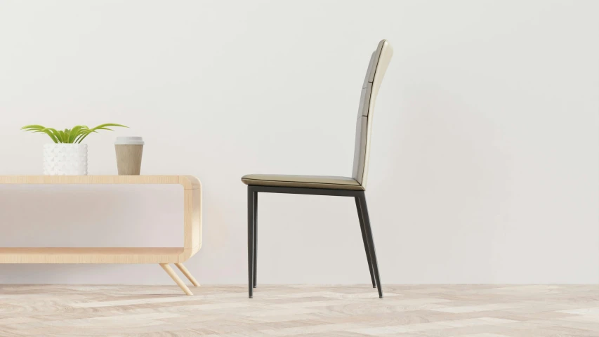 a chair with wooden back rest is on the table next to the sideboard