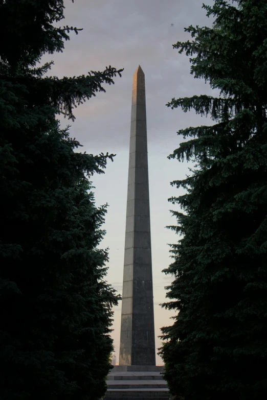 a view of a tall obelisk from the ground near many trees