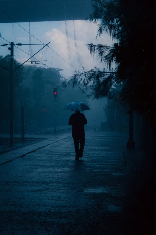 a person is walking in the dark with an umbrella