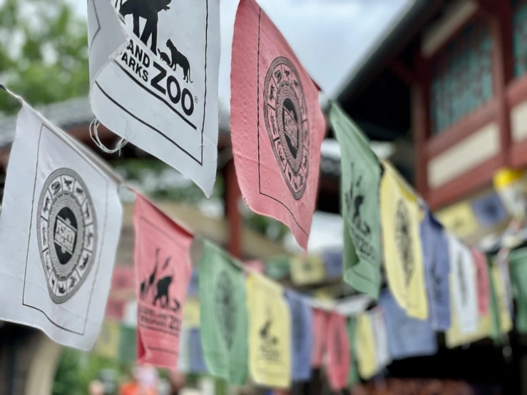 a group of paper flags hanging from the side of a building