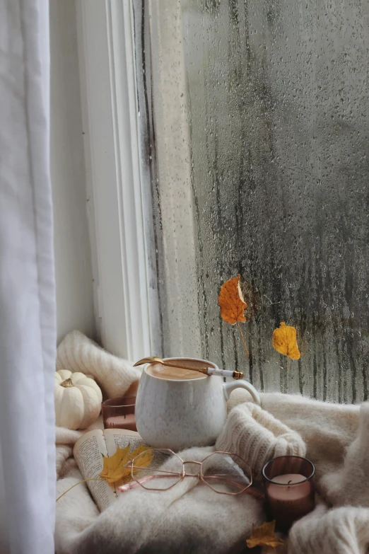 coffee mugs sitting on a window sill with autumn leaves next to them