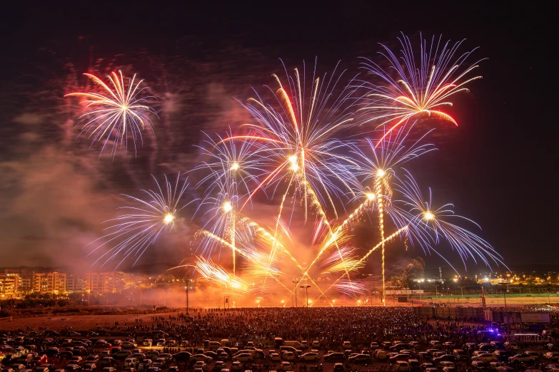 some colorful fireworks are lit up at night time