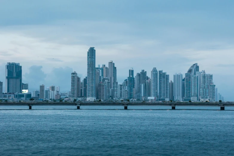 the city skyline is near some water and under a gray cloudy sky