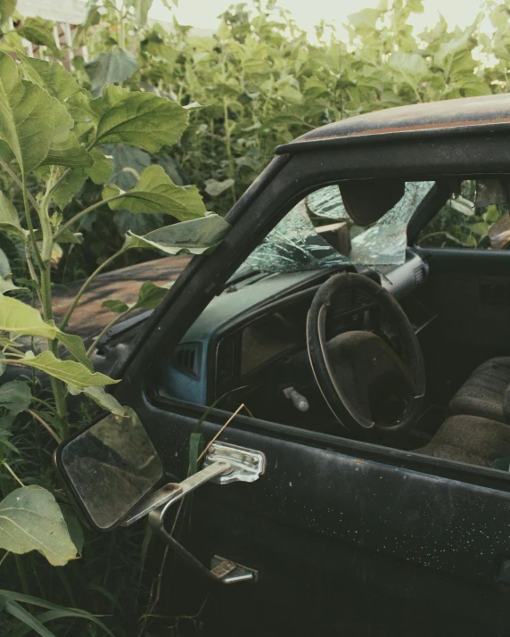 a broken down black car is parked in the grass