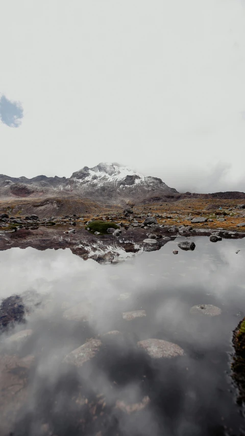 mountains and the sky reflected in water near rocks