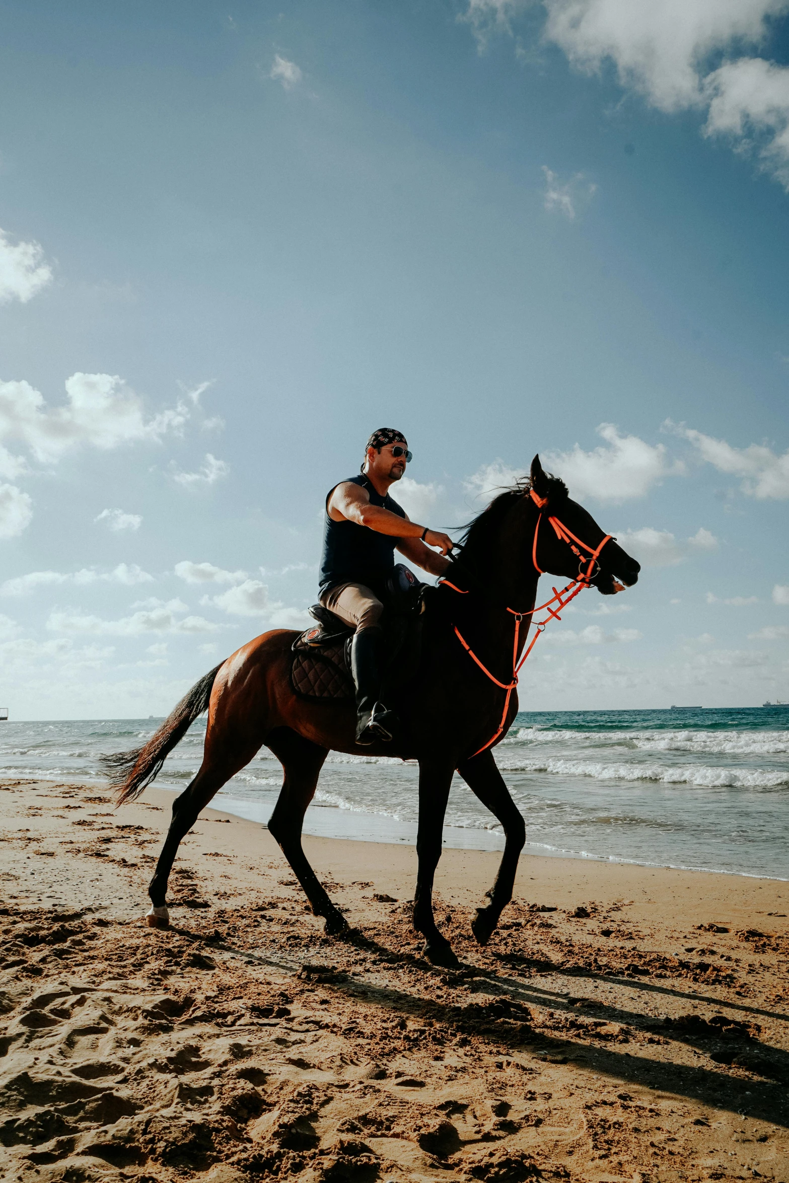 a man riding a horse on the beach