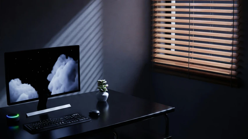 a desk with a computer, keyboard and mouse on it