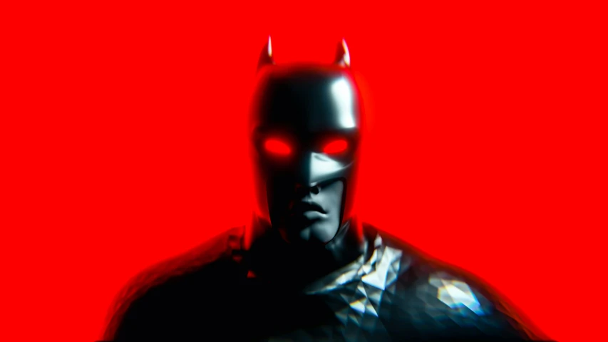 a man dressed in a batman costume with a red background