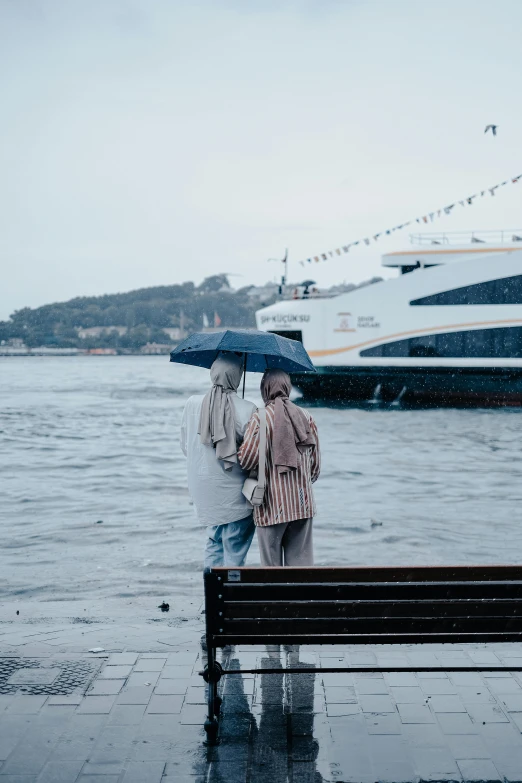 two people holding umbrellas looking out at the water