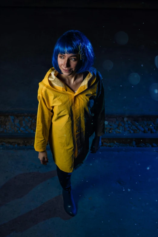  with dark blue hair in yellow coat