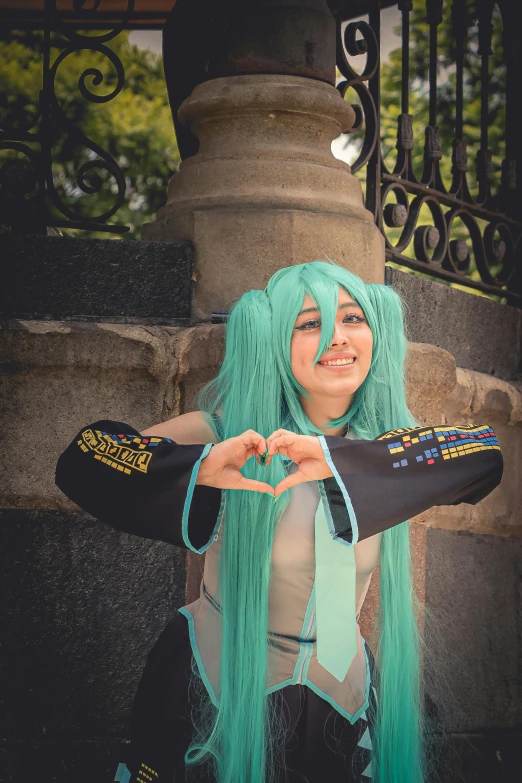 an older woman with a green wig sitting on the steps