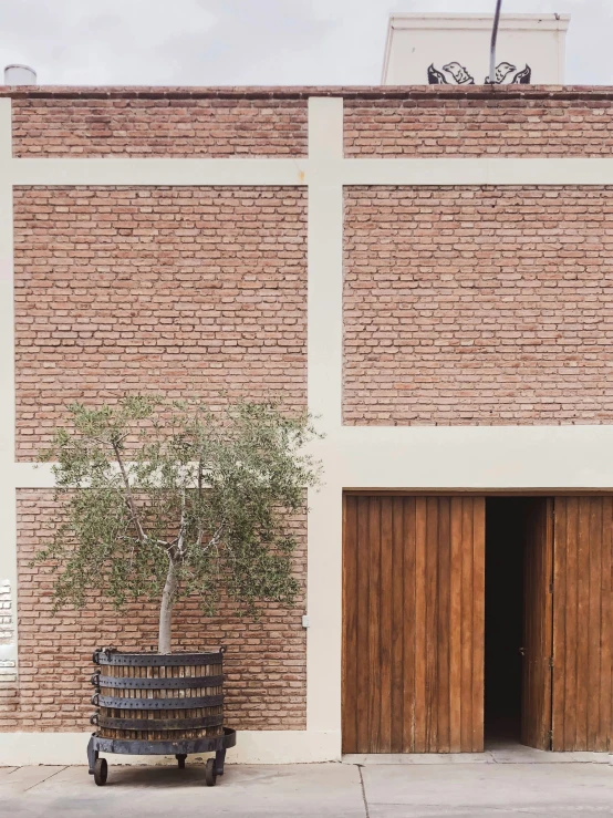 there is a bench with a tree in front of the building