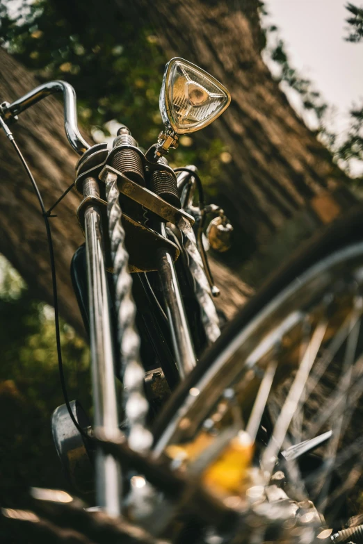 a vintage style bicycle sitting up against a tree