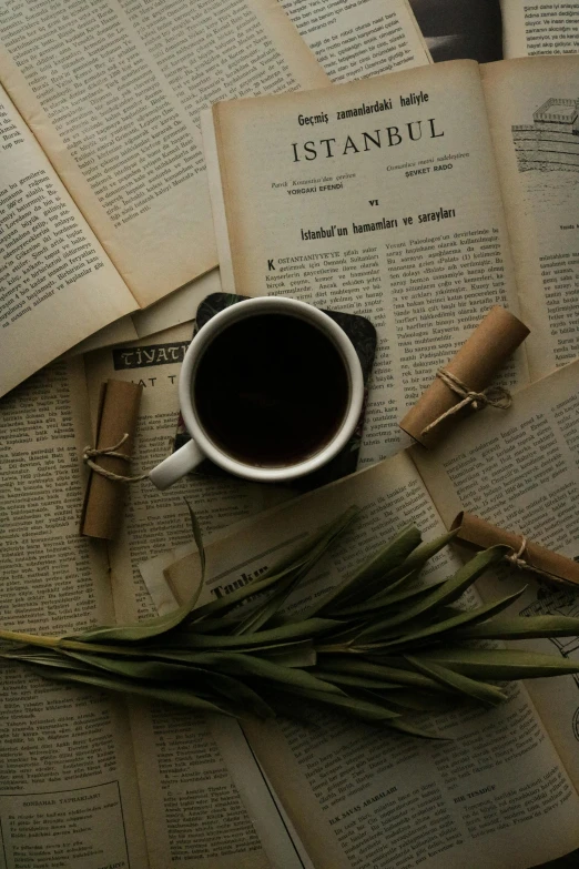 a close up of an open book and a cup of coffee