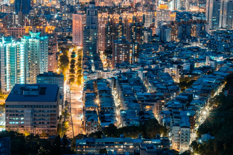 an aerial view of a city at night