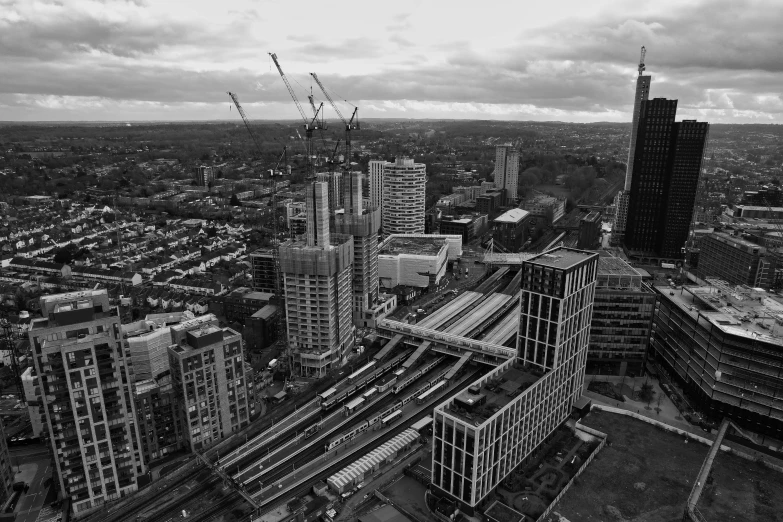 black and white image of the london skyline